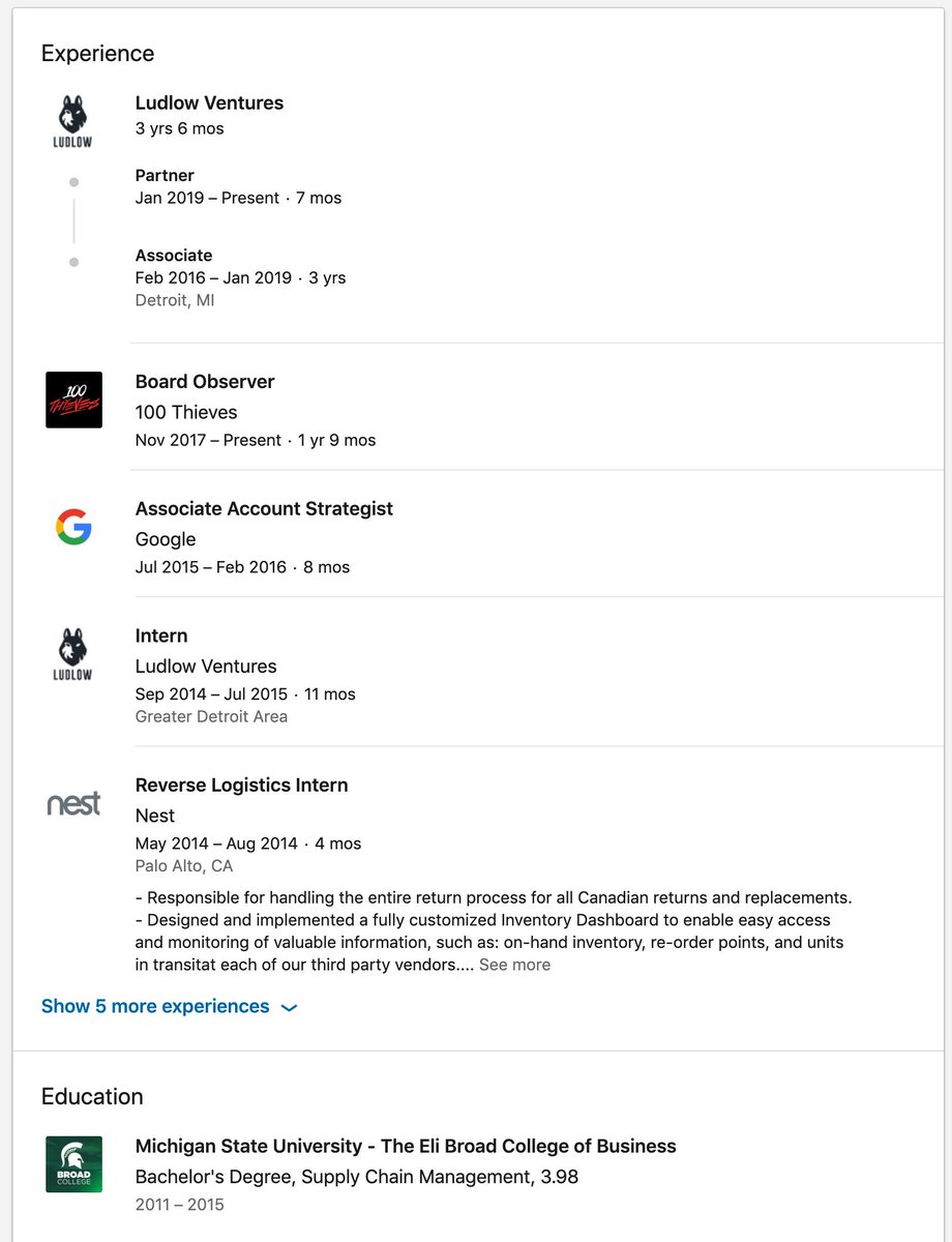  @blakeir Blake Robbins: Internships at Nest, SpaceX, Zaarly Google Account Strategist  Ludlow Associate and now Partner School: Michigan State University