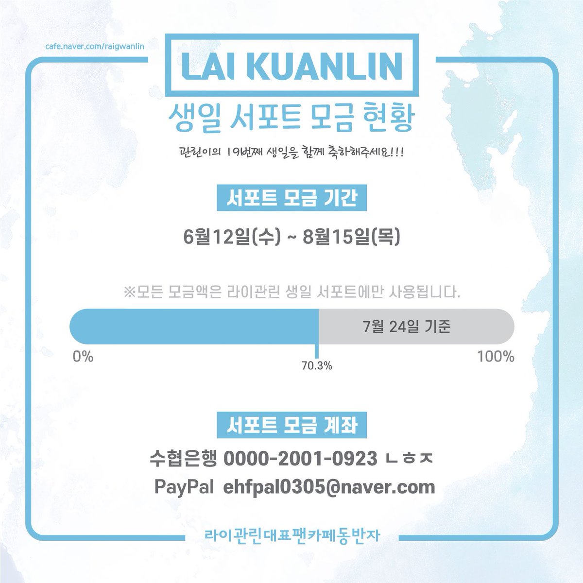 🐥관린이의 19번째생일 서포트모금현황🐥

7월 24일 기준 모금률 70.3%입니다. 어제 총공실트 정말 고생하셨고 감사합니다!🙂💕 특전발송했는데 예쁜 후기 기다립니다!

🍊2차 모금 기간 : ~8월15일🍊

🔽입금후 꼭 아래 폼 작성 해주세요🔽
naver.me/5CeHrsnm

#라이관린 #LAIKUANLIN #賴冠霖