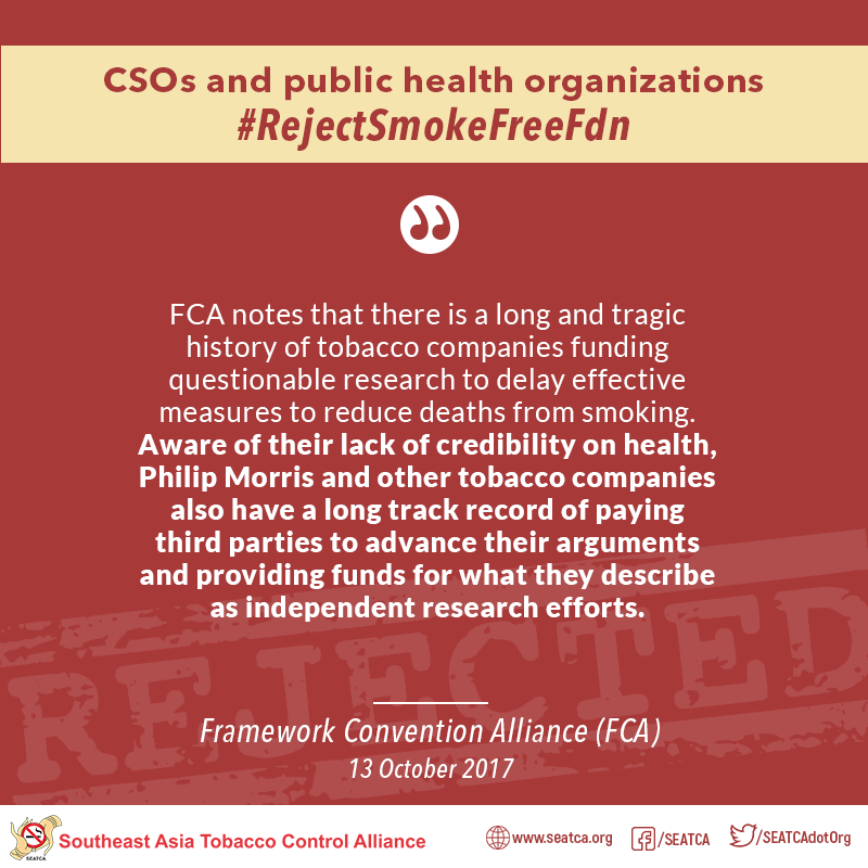 SEATCAdotOrg's tweet photo. CSOs and public health organizations #RejectSmokeFreeFdn

Full statement by @FCAforTC: https://t.co/Pxtq77L1f6

#FakeSmokeFreeIndex
#SEATCAsmokefreeIndex 
#DontBeFooled 
#PMIsmokefreeScam https://t.co/LMYXRUqUhQ