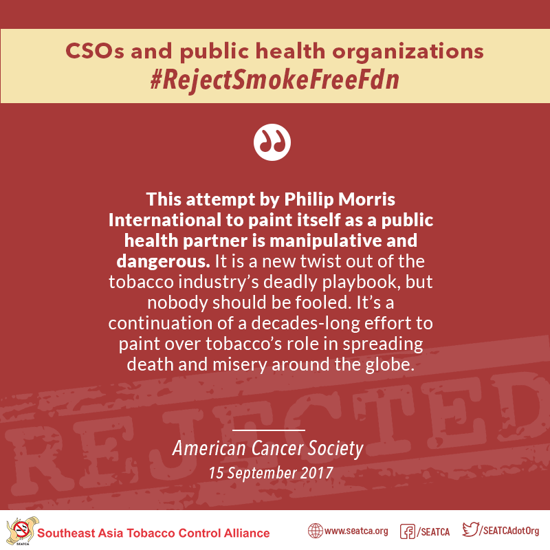 SEATCAdotOrg's tweet photo. CSOs and public health organizations #RejectSmokeFreeFdn

Full statement by the @AmericanCancer Society:  https://t.co/xxVjT2oYkO

#FakeSmokeFreeIndex
#SEATCAsmokefreeIndex 
#DontBeFooled 
#PMIsmokefreeScam https://t.co/0GouHg5jfp