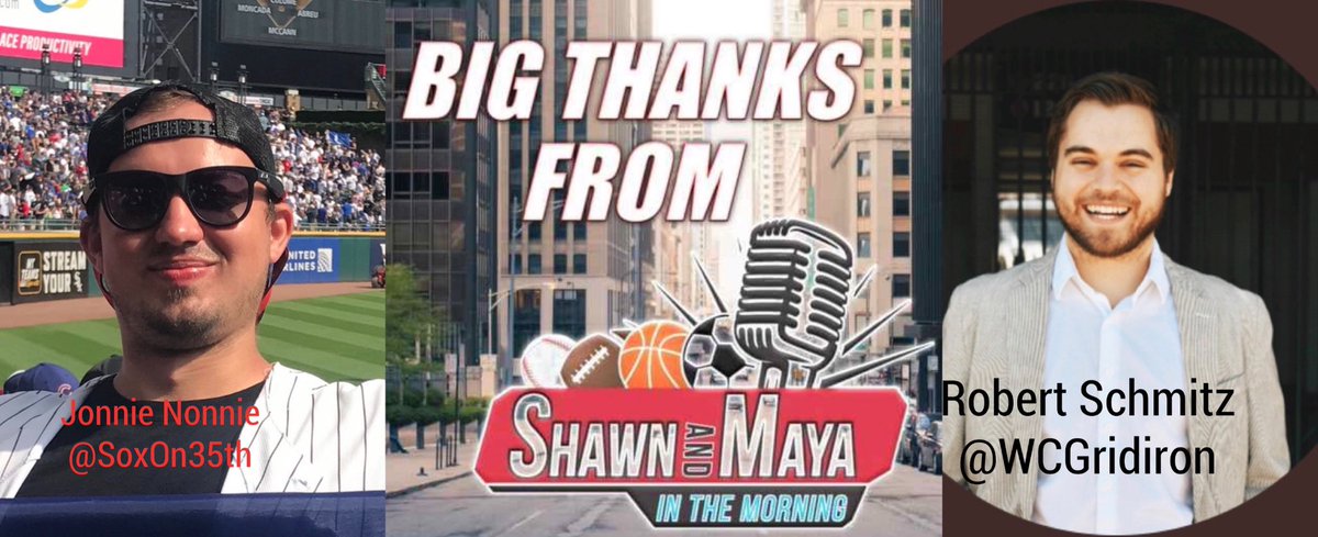 SportsZoneCHI's tweet photo. Big Shout Out 2 @NonnieJonnie from @ChiSoxWeekly &amp;  @RobertKSchmitz from @WCGridiron 4 calling in to @SM_Mornings. You made it a great show!
#ShawnAndMaya #ChicagoSports
#TheSuperBack #TheSportsChica
#LivingTheDream 
#ChiSoxWeekly #SoxOnTap #SoxOn35th #OnTapSportsNet #WCGridiron https://t.co/8HZyrfkMpE