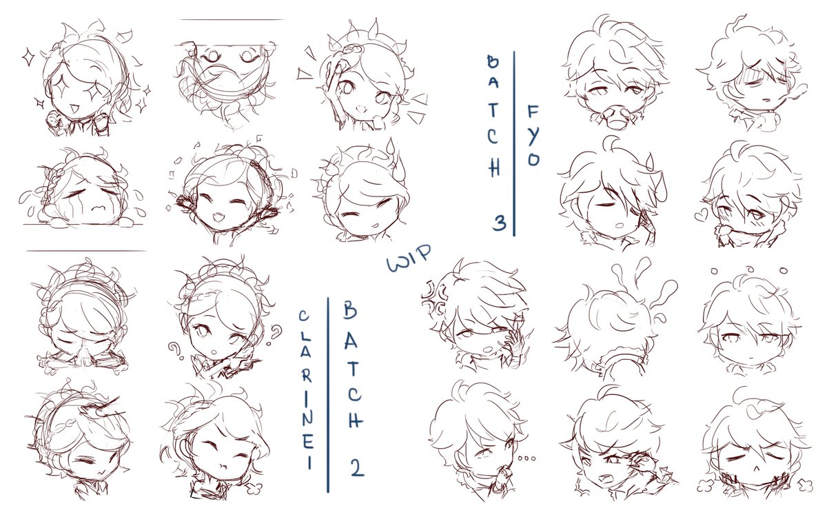 Which mood are you feeling right now? haha?

Sketches for Batch 2 and 3 for our discord emojis featuring Clarinei and Fyo!
(join here > https://t.co/ImnXsylm8D)
I'll also be editing Ryker's emojis so that they are more consistent.

#ProjectRefract #Nightwalkers 