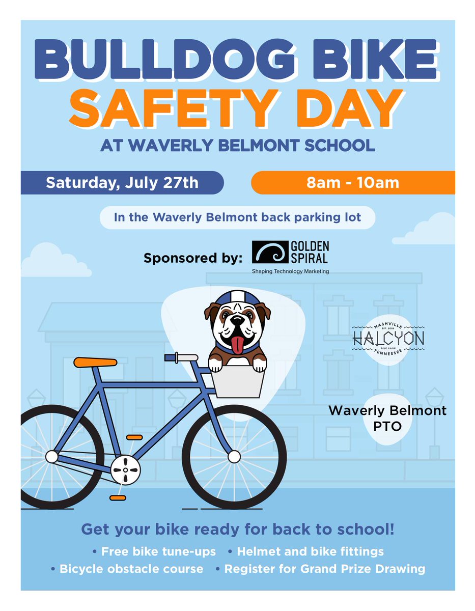 WaverlybelPTO's tweet photo. Don't forget to join us this Saturday for our fun BULLDOG BIKE DAY! This is a free event provided by our friends at Golden Spiral! All are welcome! RSVP here: https://t.co/DR7D8wXcd2
@_GoldenSpiral @12SouthNash @halcyonbike @_SBlankenship https://t.co/BpHyU1y5cS