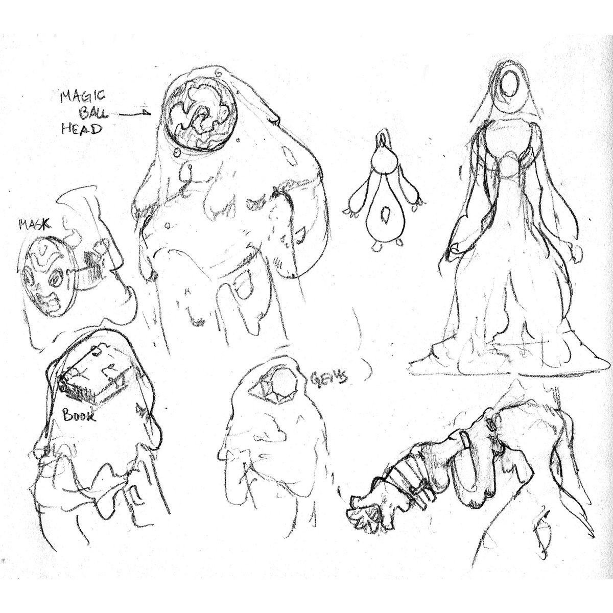 If y'all are interested, these are a few other sketches I've done to figure out the look of the Gloobiis. While they're roughly humanoid in shape they don't have to have skulls in them! They can have anything they like the look of or consider precious in place of a "face" 