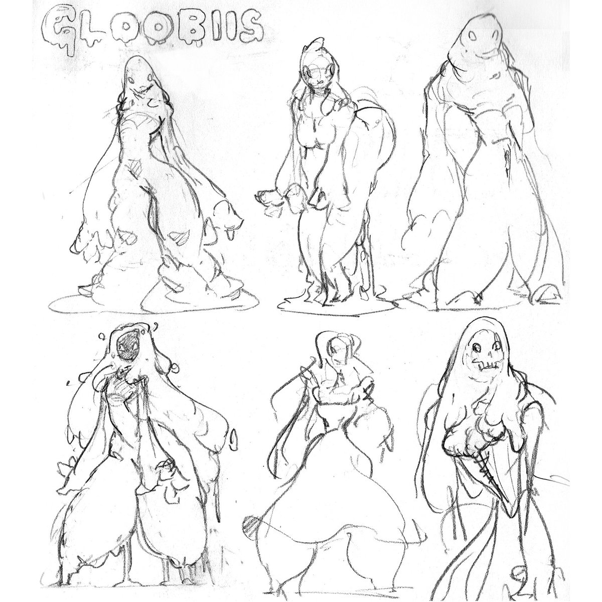 If y'all are interested, these are a few other sketches I've done to figure out the look of the Gloobiis. While they're roughly humanoid in shape they don't have to have skulls in them! They can have anything they like the look of or consider precious in place of a "face" 