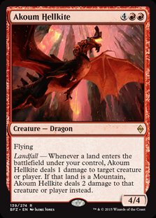 dragons_let's tweet image. #Day28 Akoum Hellkite. A dragon hailing from the Magic the Gathering card game. Its color is red and its rarity is rare. It has 4 attack, 4 defense, and has the flying and landfall abilities. Originally came from the Battle for Zendikar set. What do you think of this Magic card?