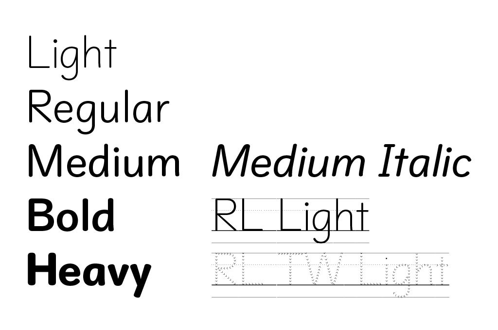 字游工房 Light Regular Medium Bold Heavy の5つの太さの正体と Medium のイタリック体に加えて 手書きの太さに近い Light に4 線を付けた Rl Light なぞり書き用に破線で書いた Rl Tw Light の8種類があります Rl Tw Light は書き順が