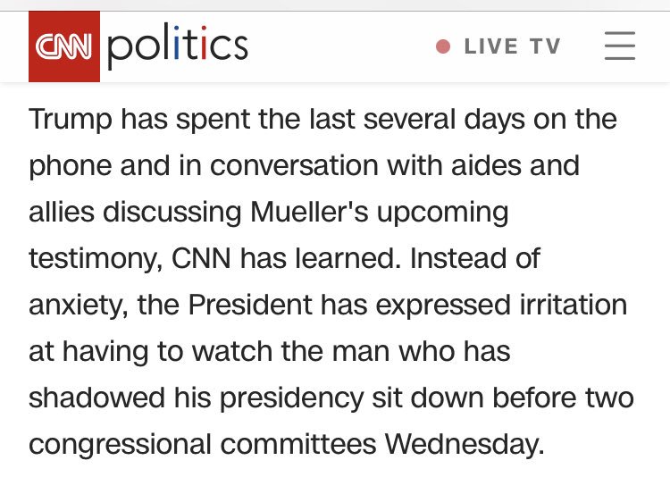 30/ "CNN HAS LEARNED" that Trump spoke with aides about tomorrow's Mueller appearance reports  @kaitlancollins. This is an obvious made up sourced-news with all 3 markings:A) common sense it happens.B) makes no diff if it indeed happened.C) No later event can confirm it.