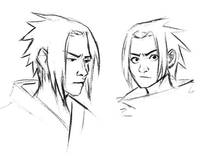 Cool-off doodles of my least favourite character in the history of shounen anime.

I suppose it's not surprising he turned into such a shit since he lived alone unsupervised in the house his family was murdered in, but gosh Sasuke is a shit. 
