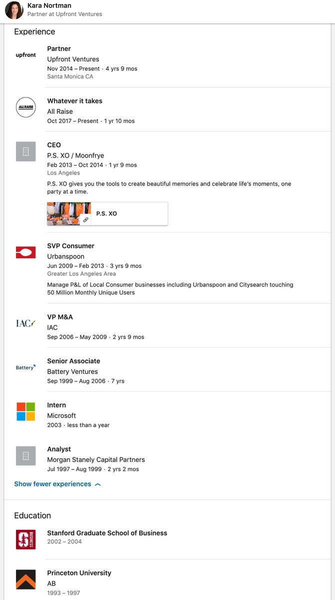  @karanortman Kara Nortman: Morgan Stanley Analyst  Associate at Battery Ventures for 7 yrs  VP M&A at IAC (incubated Tinder, UrbanSpoon, etc)  Partner at Upfront + Cofounder All Raise