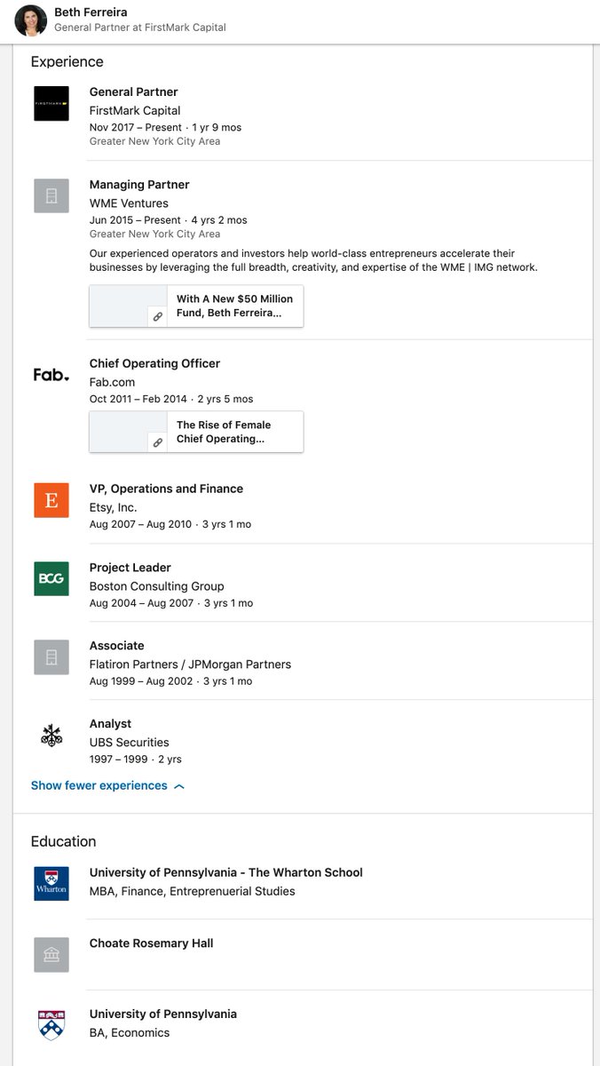  @bethferreira Beth Ferreira: Associate Flatiron Partners  BCG  VP Ops at Etsy  COO Fab  Founder/Managing Partner at WME Ventures  GP at FirstMark Capital UPenn: Economics
