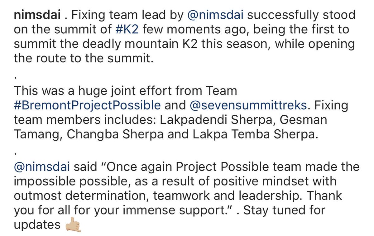 Fixing team lead by <a href="/nimsdai/">Nirmal Purja MBE</a> successfully stood on the summit of #K2 few moments ago, being the first to summit the deadly mountain K2 this season, while opening the route to the summit. #BremontProjectPossible