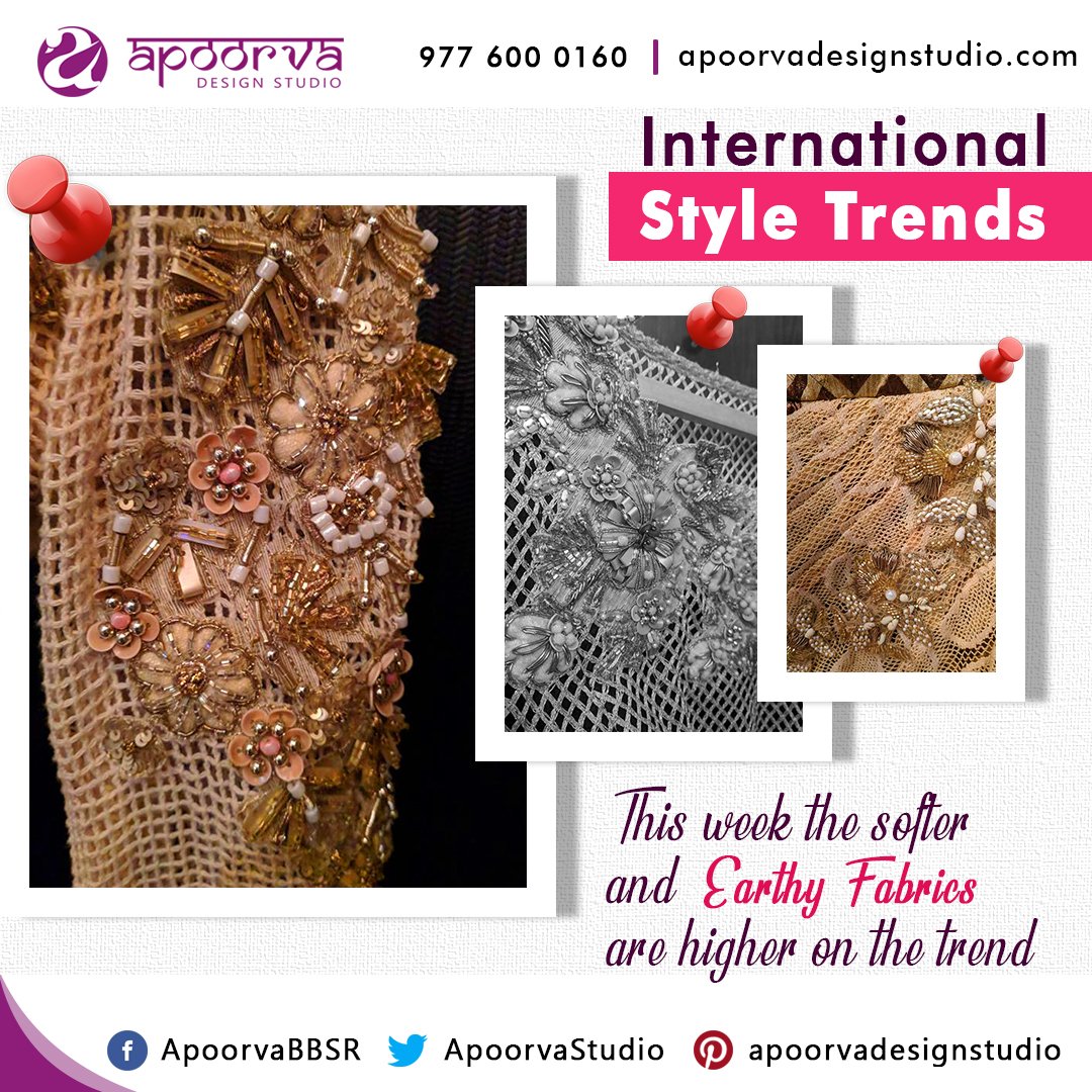 International Style Trends
This week the softer and #earthy fabrics are higher on the trend.  #Hemp, #linen and #silks were high as compared to cotton and transparent poly-fibres have just begun.  visit us: apoorvadesignstudio.com