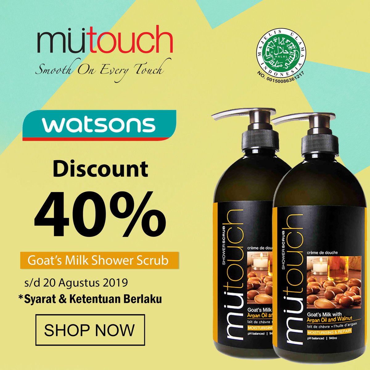 mutouch_id's tweet photo. Hai Sahabat Mutoüch. Dapatkan diskon untuk pembelian Mutouch Goats Milk Shower Scrub favorit kamu di bulan ini? Yuk dateng langsung ke Watson terdekat. Discount 40 % untuk mutouch ukuran 940ml, jangan tunggu lama-lama guys, nanti kehabisan lhoo https://t.co/EnncWsMsYS