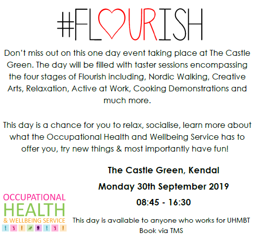 Our #FlourishAtWork event in September will be jam-packed with taster sessions designed to help support staff to improve their health and wellbeing. If you are a member of UHMBT staff, book your place via TMS and see what's on offer! <a href="/UHMBT_OccHealth/">UHMBTOccHealth</a> #TeamUHMBT