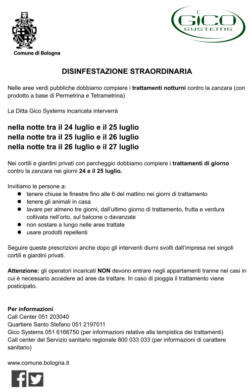 Nuovo caso di #Dengue a #Bologna: da oggi pomeriggio si procederà con la disinfestazione per prevenire casi secondari. La zona di trattamento comprende via Solferino, via Paglietta, via Paglia, via Delle Tovaglie, via De' Ruini, via Mirasole, via Miramonte bit.ly/2Y2bKJk