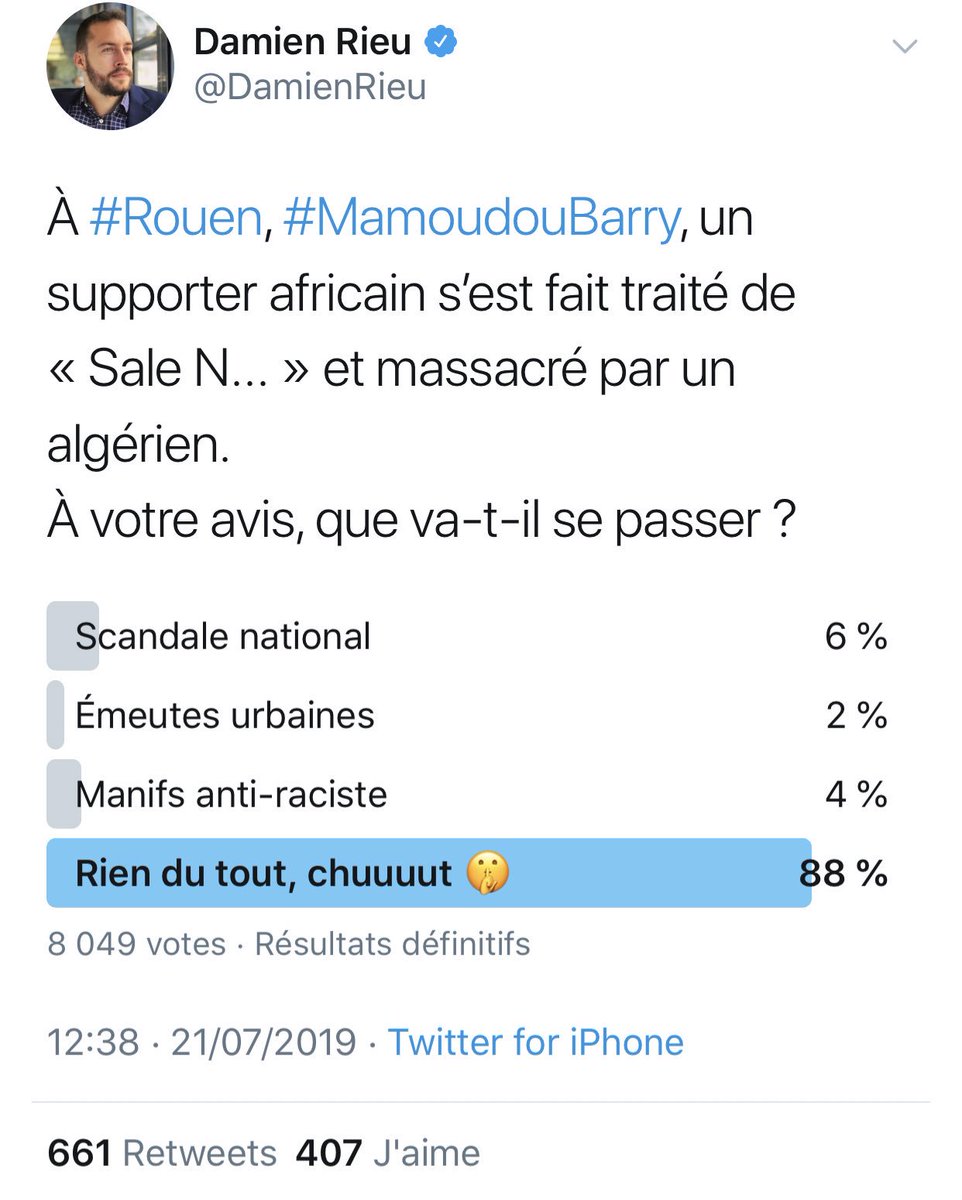 widadk's tweet photo. L’auteur du meurtre odieux de Mamoudou Barry n’est ni Algérien, ni Turc, il est Français, Normand, il s’appelle Damien, et aucun de ces tweets n’a été supprimé. https://t.co/Bk0cqddhWh