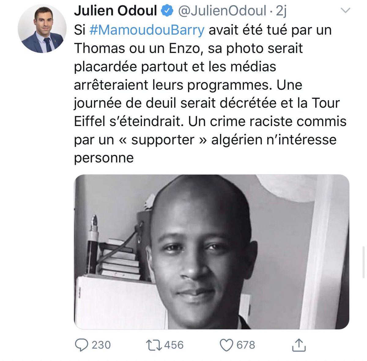 widadk's tweet photo. L’auteur du meurtre odieux de Mamoudou Barry n’est ni Algérien, ni Turc, il est Français, Normand, il s’appelle Damien, et aucun de ces tweets n’a été supprimé. https://t.co/Bk0cqddhWh