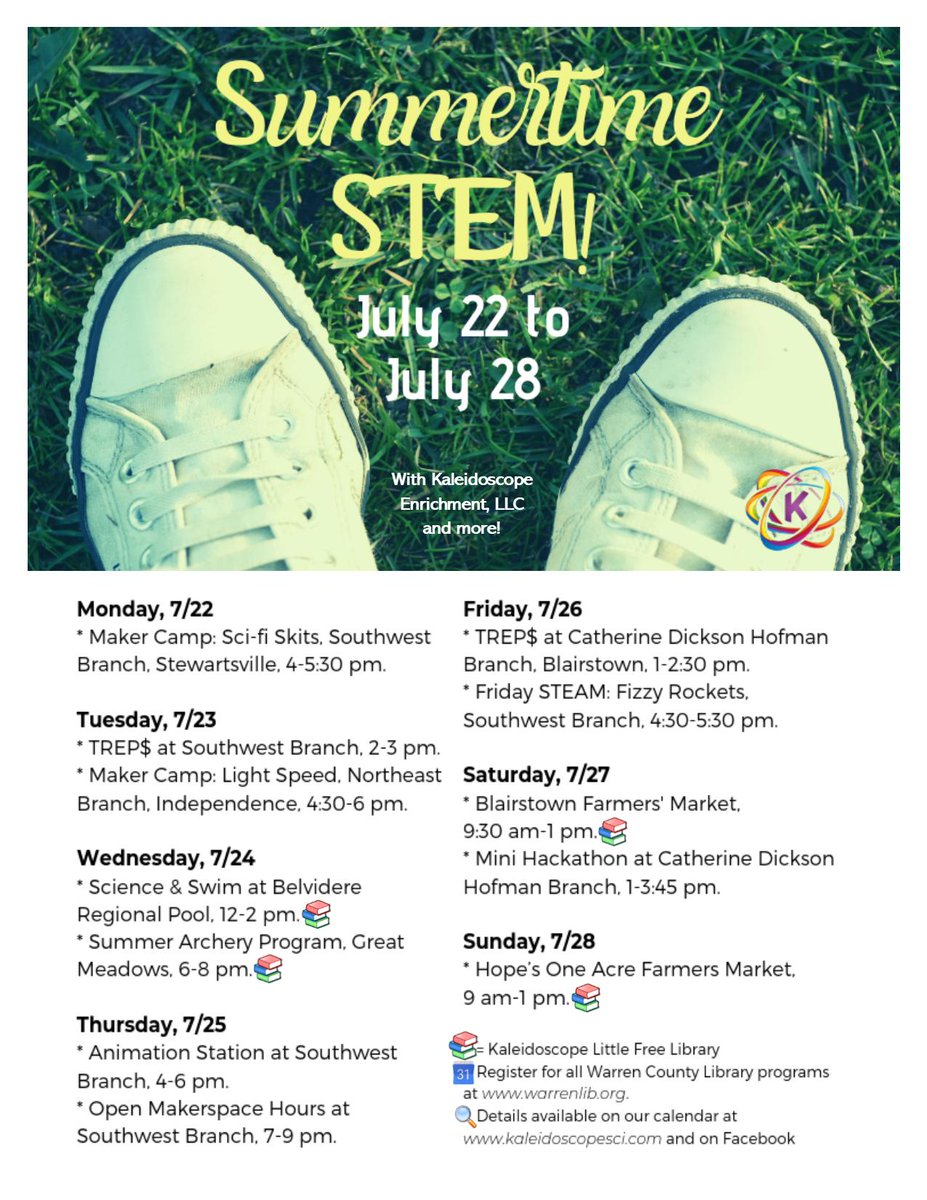 KaleidoscopeSci's tweet photo. This week's #STEM and #Maker programs. If you're in the area, stop on by and learn with me! #makers #makered #STEMed #Makercamp #STEAMed #makerspace #summer #SummertimeSTEM #ScienceAndSwim https://t.co/eij3YqVxVp