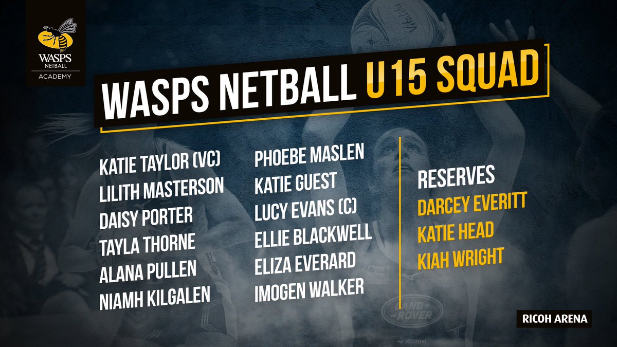waspsnetball's tweet photo. U15 squad for the England Netball Inter-Franchise Competition from 30 August to 1 September 🐝 https://t.co/jv1AWyomFe