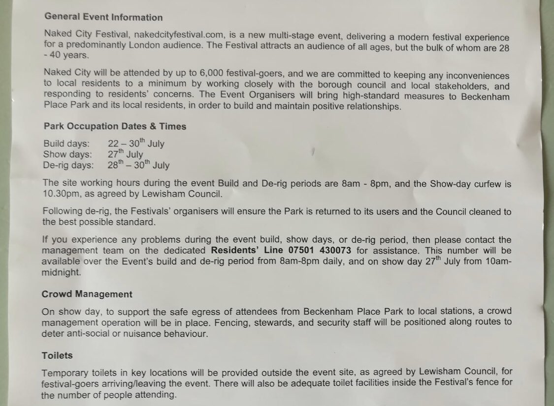TheRealTruthBPP's tweet photo. @LewishamCouncil Mmmm but local residents received lettered from festival organisers weeks ago 2 tell them LC had agreed 4 them to start setting up all the stages from Monday 8am-8pm. U maybe didn’t organise you diary &amp; double booked the ‘grand opening’ &amp; the set up of festival on the same day ? https://t.co/NMNWHsnMpr