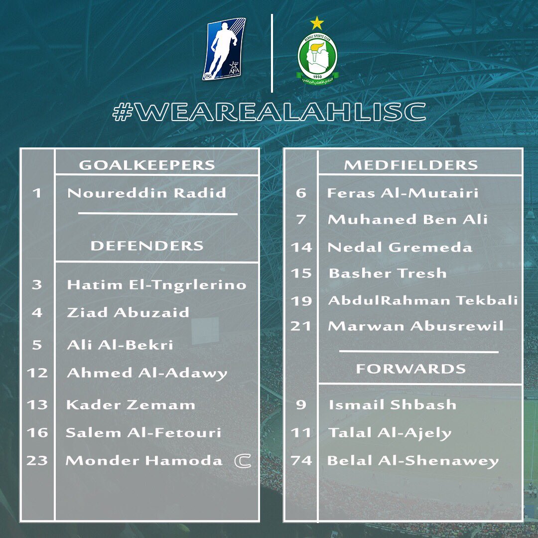 إليكم قائمة فريقنا المستدعاة لبطولة ابطال العرب
AFRO ASIA CHAMPOINS LEAGUE
 <a href="/EsportsAlahli/">Alahli SC - Esports</a> <a href="/OfficialVPG/">Virtual Pro Gaming</a> <a href="/AlahliScLy/">Alahli Sports Club</a> 

#wearealahlisc 💚