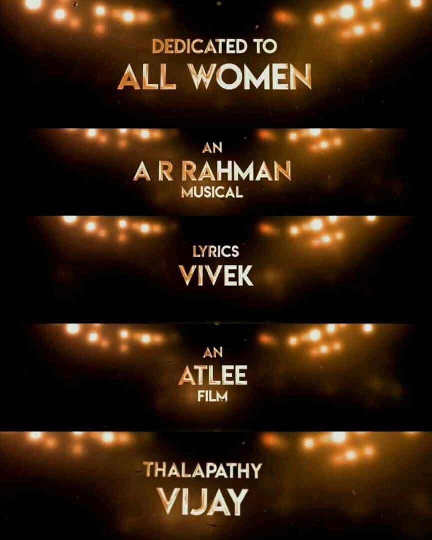 DEDICATED TO 
   ''All Women'' 

#Bigil 😎✌
#Singappenney 🎵😍

#ARRahman musical 🎤
#LyricistVivek 👌
#Atlee Film 🎬
#ThalapathyVijay ⚽🔥