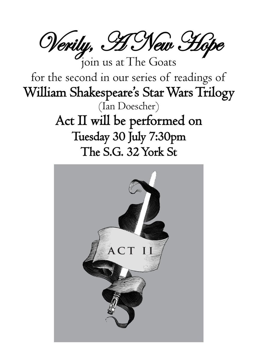 It's back again! Star Wars Shakespeare readings.

Verily, a New Hope Act 2 will be read on Tuesday the 30th from 7:30pm. 

Alas! My R2-D2, he hath flown.