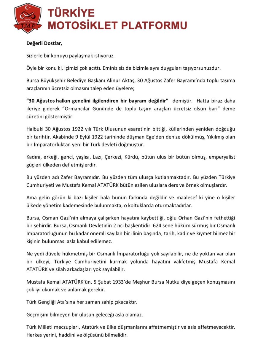 tmplatformu's tweet photo. Gündemde olan bir konuyla alakalı basın a��ıklamamız ektedir. #TürkiyeMotosikletPlatformu https://t.co/WVMiKGpiqa