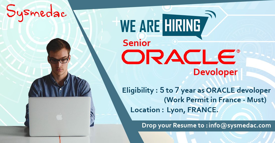Sysmedac's tweet image. We are Hiring Senior #OracleDeveloper @ France
Drop your Resume for Interview  : info@sysmedac.com
#Developer #oracledevelopers #oraclejobs #jobs #francejobsite #francejobs #aboard #aboardjobs