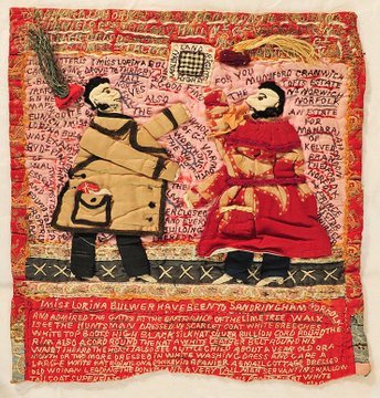 womensart1's tweet photo. Lorina Bulwer, needle-worker incarcerated in the 'lunatic ward' of a UK Workhouse in 1894, created large scale samplers as a way to voice her experience, highlighting her protests at her treatment and grim conditions #womensart https://t.co/AtLRHoHcBJ