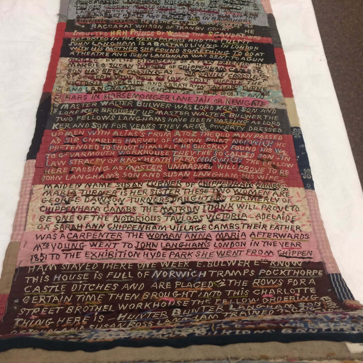 Lorina Bulwer, needle-worker incarcerated in the 'lunatic ward' of a UK Workhouse in 1894, created large scale samplers as a way to voice her experience, highlighting her protests at her treatment and grim conditions #womensart