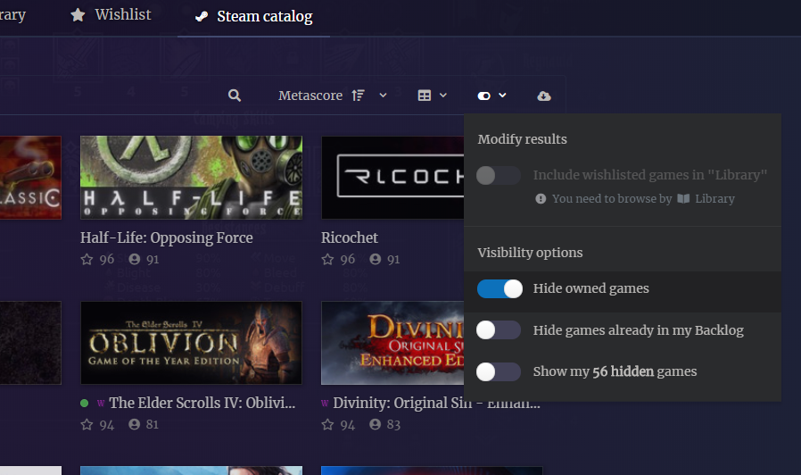BacklogSteam's tweet photo. v3.7.12

A new small addition to search modifications allow to hide all owned games from search results. This is particulary useful when searching for new games and you already have an assload, a shitload or a fuckton of games. https://t.co/IoWYwdzO7z
