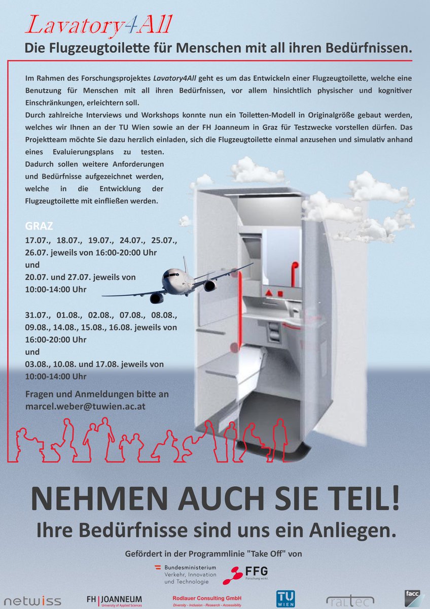 weber_mrcl's tweet photo. 📬 Die Evaluierungen wurden in #Graz verlängert. NEHMEN AUCH SIE TEIL‼️ #Tourismus #Barrierefrei #Barrierefreiheit #lavatory #toilette #flugzeug #flugzeugtoilette #Graz #Wien #Österreich #Rollstuhl #Behinderung #weelchair #Studie #hilfe #hilfsmittel #innovation #Handicap https://t.co/M1qDMVeAkZ