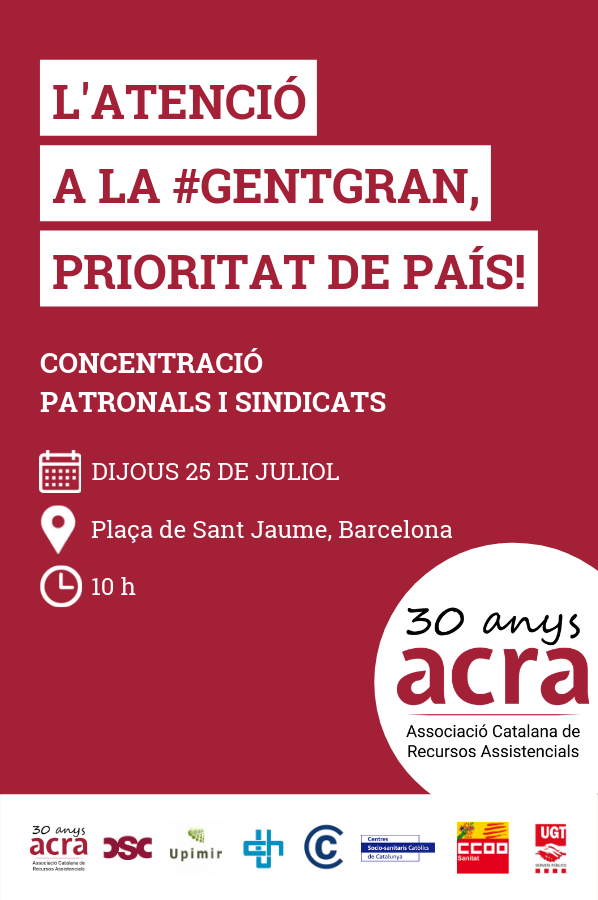 acragentgran's tweet photo. 📢 DEMÀ SORTIM AL CARRER❗

🗣 Ens manifestem davant del Palau de la #Generalitat per reclamar que el sector de la #gentgran passi a ser una prioritat de país

I ho fem amb @LaConfederacio, @Upimir, @CSC_Consorci, @uchcat, @CCOOGeriatria, @fespcat i #csscc

Tu també t'apuntes? 👇 https://t.co/AUbY7NRmYk