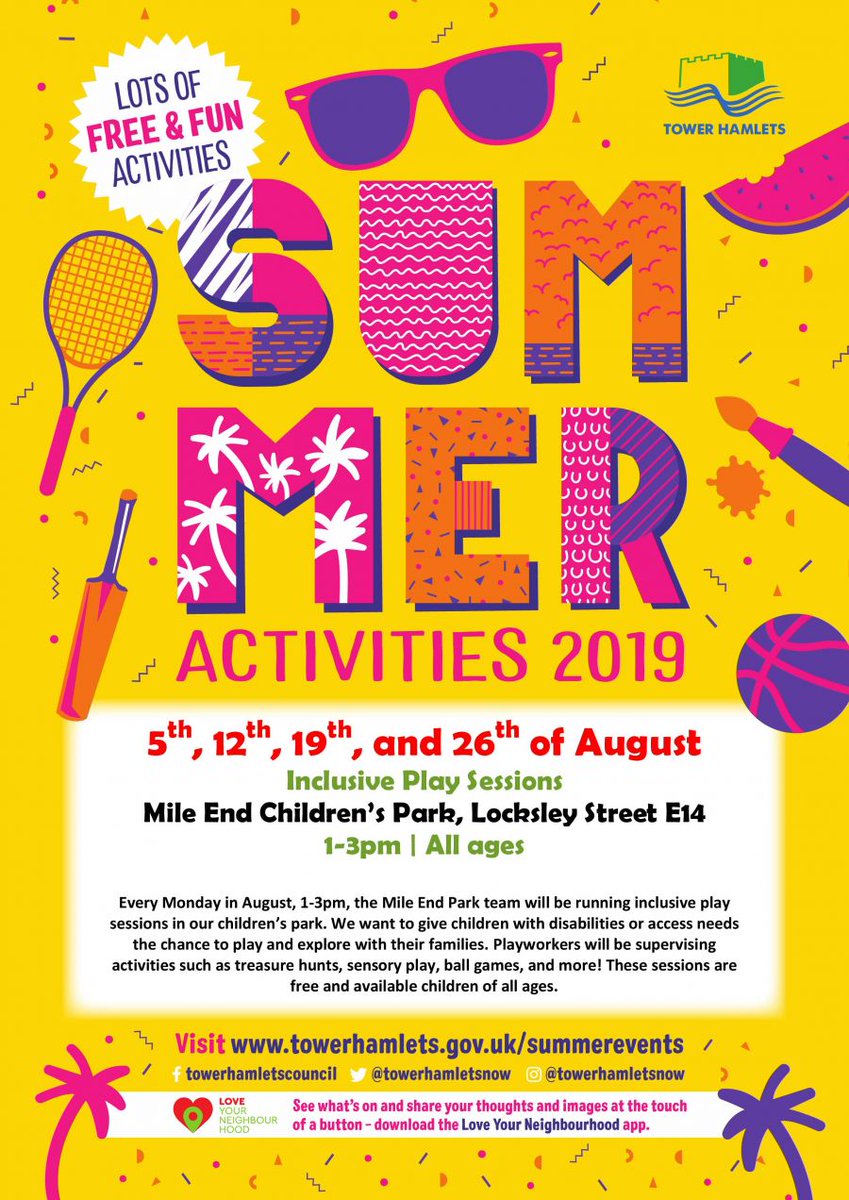 Summer Activities 2019 - Every Monday in August, 1-3pm, the Mile End Park team will be running inclusive play sessions in our children’s park. - bit.ly/32Y8Xjc