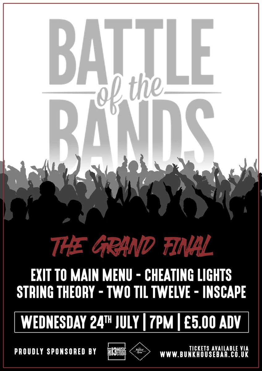 Swansea Music Hub (@swanseamusichub) on Twitter photo It's the grand final of <a href="/bunkhousebar/">The Bunkhouse - Swansea</a>'s Battle of the Bands tonight & we're delighted to be judging it!
An incredible lineup for the final - it's going to be so hard to pick one out of this lot: <a href="/ExitToMainMenu/">Exit To Main Menu</a> - <a href="/CheatingLights/">Cheating Lights</a> - <a href="/StringTheory_UK/">String Theory</a> - <a href="/TwoTilTwelve/">TWO TIL TWELVE</a> - <a href="/InscapeUK/">Inscape</a> It's the grand final of <a href="/bunkhousebar/">The Bunkhouse - Swansea</a>'s Battle of the Bands tonight & we're delighted to be judging it!
An incredible lineup for the final - it's going to be so hard to pick one out of this lot: <a href="/ExitToMainMenu/">Exit To Main Menu</a> - <a href="/CheatingLights/">Cheating Lights</a> - <a href="/StringTheory_UK/">String Theory</a> - <a href="/TwoTilTwelve/">TWO TIL TWELVE</a> - <a href="/InscapeUK/">Inscape</a>