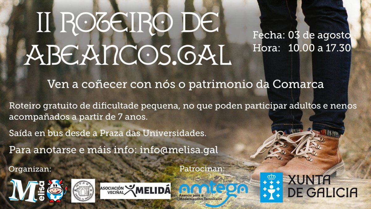 "II Roteiro de abeancos-gal"
Ven a coñecer con <a href="/MelisaGal1/">Melisa.Gal</a> , co Museo da Terra de Melide e coa <a href="/avmelida/">Melidá</a> o patrimonio da Comarca de Melide
Sábado 3 de agosto. Roteiro gratuíto