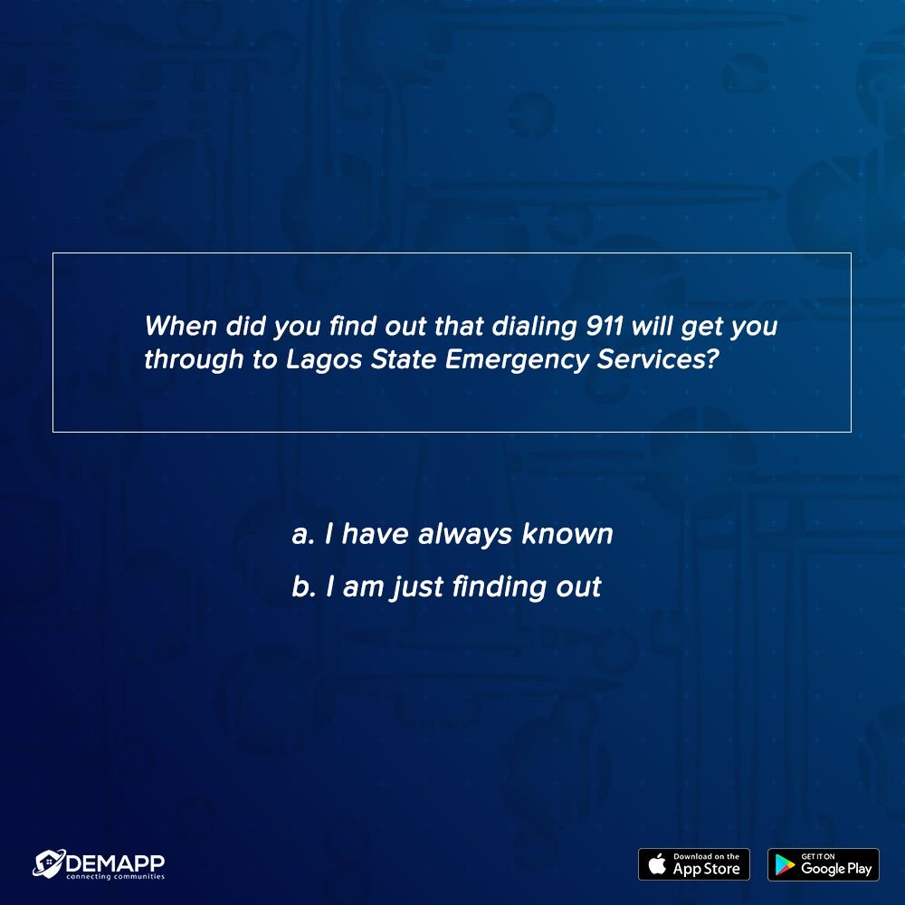 DEM_App_'s tweet image. Not only will your call be directed appropriately, but you will also be connected to the emergency service required. It is a public service run by Lagos State Emergency Management Agency (LASEMA).
Other emergency numbers are 112 &amp;amp; 767
.
#demapp #QuestionOfTheDay #WednesdayWisdom