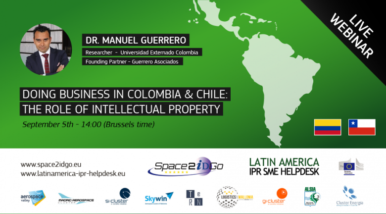 AerospaceValley's tweet photo. [ #WEBINAR ] Doing Business in Colombia &amp; Chile: the role of Intellectual Property by the #Space2IDGO &amp; Latin America IPR SME Helpdesk.

📅 05.09.2019 - 14:00h (Brussels time)
🌎 Language: English
ℹ Infos : https://t.co/pavwdMtjJe
✅ Registration : https://t.co/e85rD6iMYy https://t.co/BVNh3yCqiU