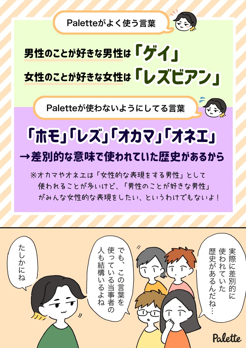 Palette基礎知識②
〜呼び方と尊重の話〜

「LGBTQ+の人をなんて呼んだらいいの？」
パレットのメンバーが普段使わないようにしている言葉とその理由を紹介するよ！

#Palette基礎知識 