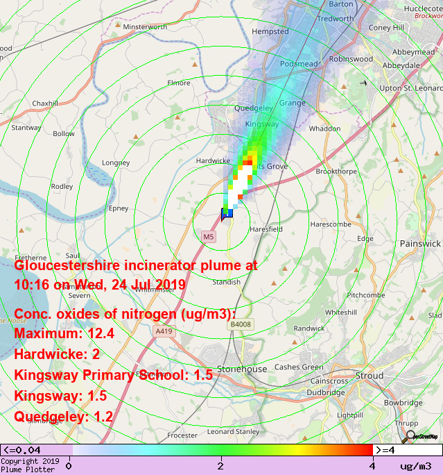 Latest Gloucestershire incinerator plume plot, 10:16 24/07/19 #Hardwicke #Kingsway #Quedgeley plumeplotter.com/glos/?m=places