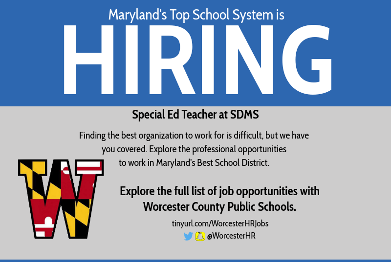 WorcesterHR's tweet photo. Worcester County Public Schools Human Resources @WorcesterHR Worcester County Public Schools is accepting applications for an Special Ed Teacher at SDMS. Interested candidates should complete an online application at https://t.co/KVCl6iyAEc https://t.co/FJpKTs7ML5
