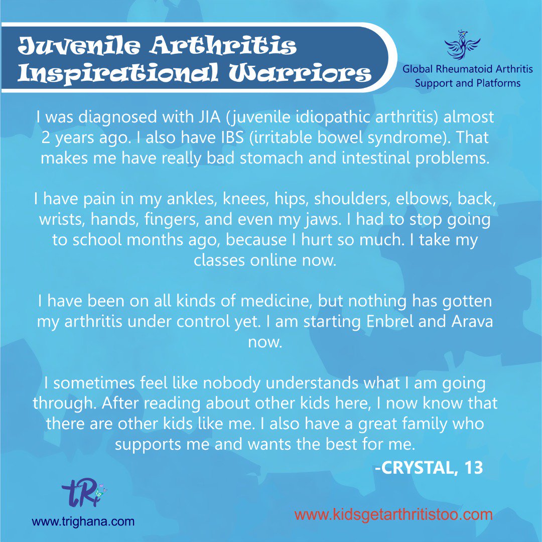 trighana's tweet photo. Yes kids get Arthritis too and it can be very frustrating for them when they are misunderstood. If your child has JIA, please make sure they join a support group so that don't feel alone.
#thismonth
#juvenileidiopaticarthritis
#JIAawareness
#kidsgetarthritistoo
#tRitoknow https://t.co/nAKjdLHqLx