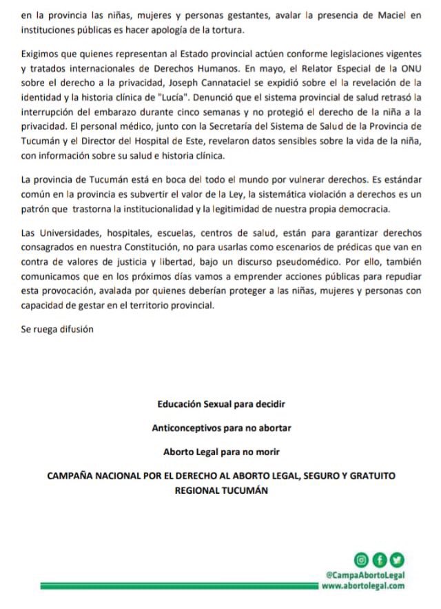 CampAbortoTuc's tweet photo. Desde la Campaña Nacional por el Derecho al Aborto Legal, Seguro y Gratuito Regional Tucumán repudiamos la presencia del Dr. Maciel en la Facultad de Medicina de la UNT. Pedimos difusión. https://t.co/qElrtjuj9S