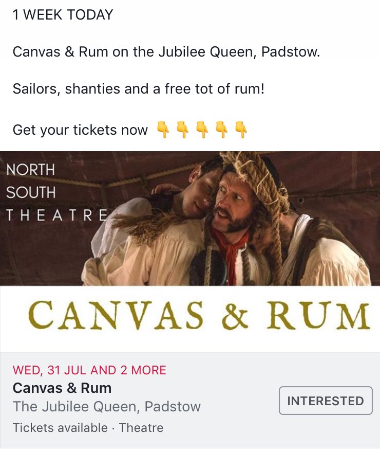 Cornwall Tourism Office (@officecornwall) on Twitter photo 1 WEEK TODAY!
Super excited to head to Padstow and watch this...sailors, shanties and free rum! What’s not to love?#cornishtheatre#padstow 1 WEEK TODAY!
Super excited to head to Padstow and watch this...sailors, shanties and free rum! What’s not to love?#cornishtheatre#padstow