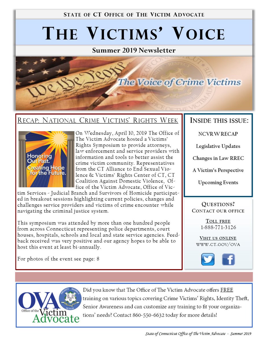 OVA_CT's tweet image. The Victims' Voice Summer issue is here highlighting National Crime Victims' Rights Week, Legislative updates, changes in the Risk Reduction Earned Credit program and much more!  Visit ct.gov/ova for full access.