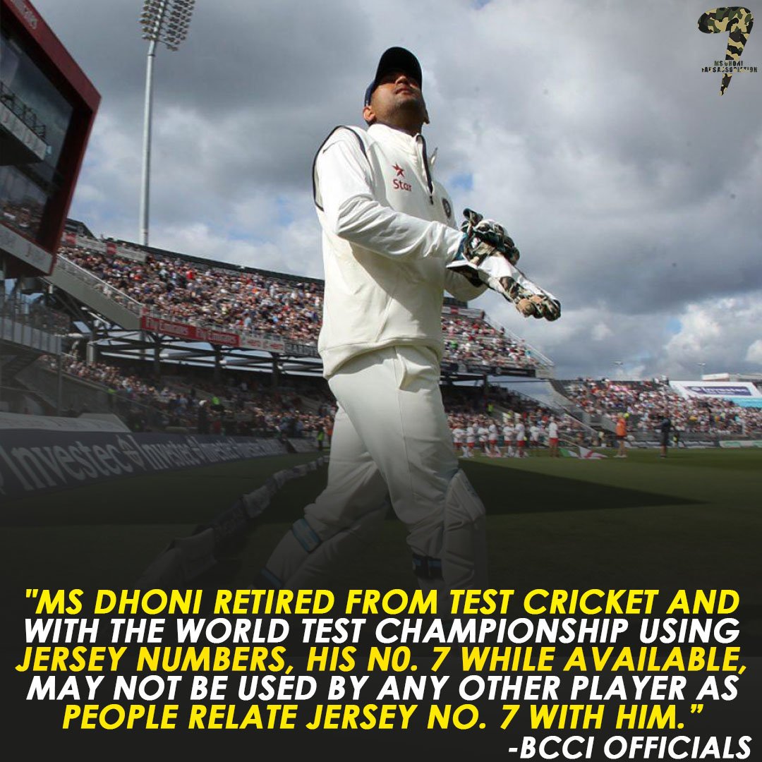msdfansofficial's tweet photo. .@msdhoni's Jersey No. 7 will be available but may not be worn by any other player in test cricket. As people relate to no 7 with him. 

- BCCI Official 

#TeamIndia #MSDhoni #Dhoni https://t.co/4x2rMsyT7Z