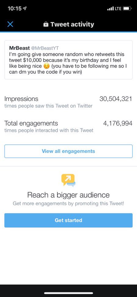 ThiagosActionTV's tweet photo. @epiklyepics @MrBeastYT MrBeast showed his analytics from his tweet saying that he would give someone $10k if someone retweets it https://t.co/jb7Sum7v1S